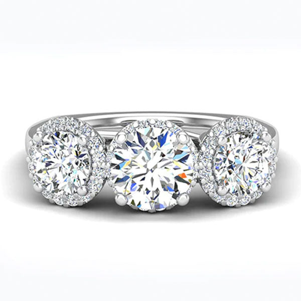 custom designed ring rendered concept of three stone ring with a halo of accented diamonds around each stone