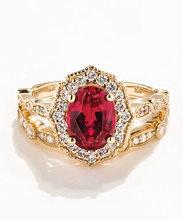 Paris Wedding Set in Yellow Gold with a Lab Grown Red Ruby