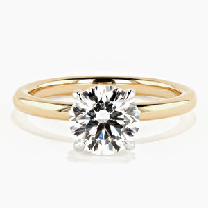 solitaire engagement ring with round cut lab grown diamond center stone set in 18k yellow gold recycled metal by MiaDonna