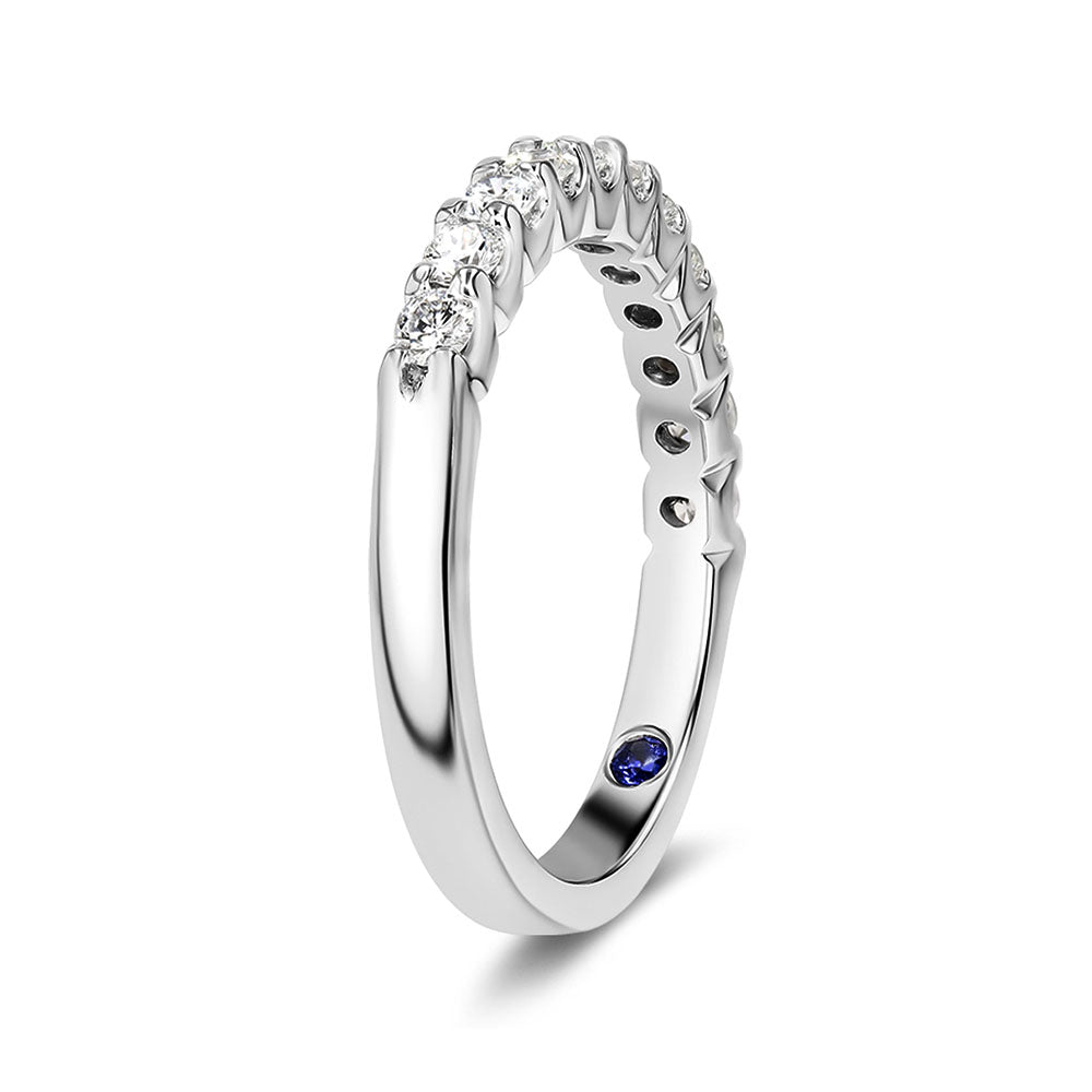 Shown with 0.50ctw Lab Diamonds in 14k White Gold|Beautiful diamond accented wedding band with 11 round cut lab grown diamonds set in 14k white gold with lab grown blue sapphire