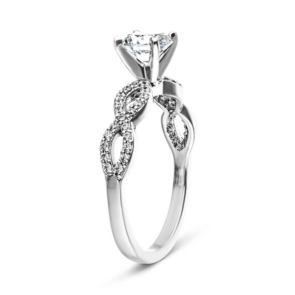 Shown with 1ct Round Cut Lab Grown Diamond in 14k White Gold|Elegant diamond accented engagement ring with 1ct round cut lab grown diamond in 14k white gold