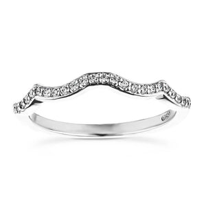 Unique diamond accented wedding ring with wavy band design set in 14k white gold