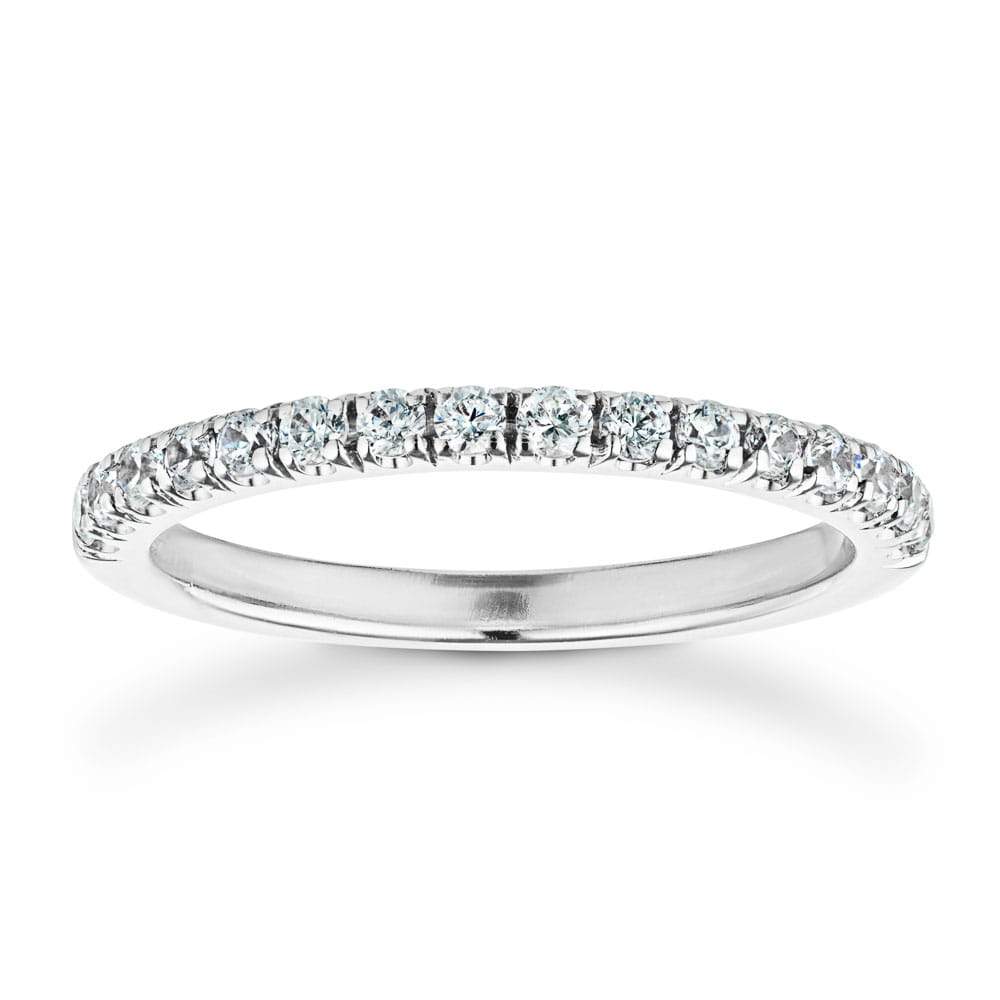 Shown in 14k White Gold|Ethical diamond accented stackable wedding band made in USA with recycled 14k white gold