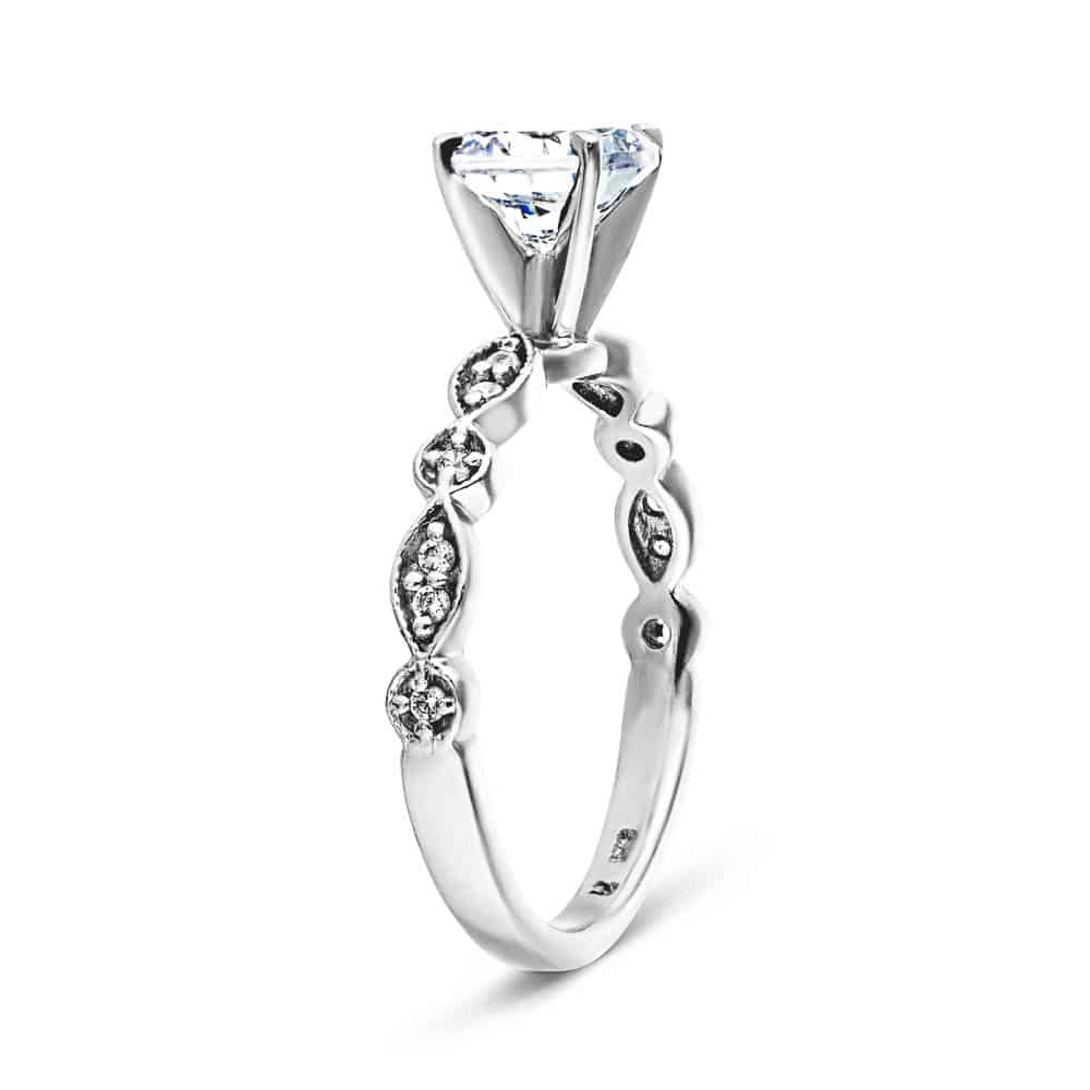 Shown with a 1.0ct Round cut Lab-Grown Diamond in recycled 14K white gold and recycled diamond accenting stones| 1.0ct lab-grown diamond antique diamond accented engagement ring in white gold