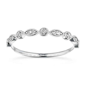 Antique style romantic diamond accented wedding band with milgrain detailing in 14k white gold