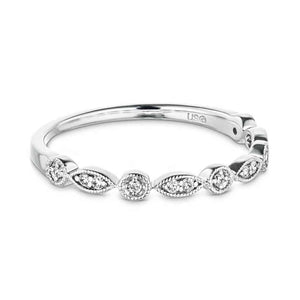 Romantic amore diamond accented stackable wedding band with vintage style design in 14k white gold