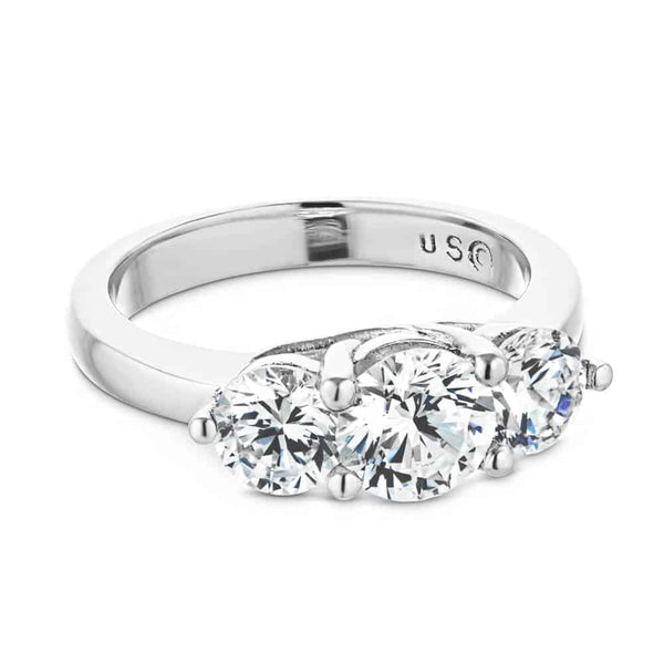 Shown with 3 Round Cut Lab Grown Diamonds in 14k White Gold|Beautiful three stone engagement ring with trellis set round cut lab grown diamonds in 14k white gold