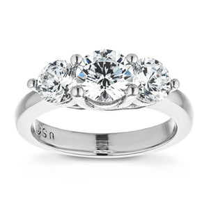 Ethical three stone engagement ring with trellis set round cut lab grown diamonds in 14k white gold
