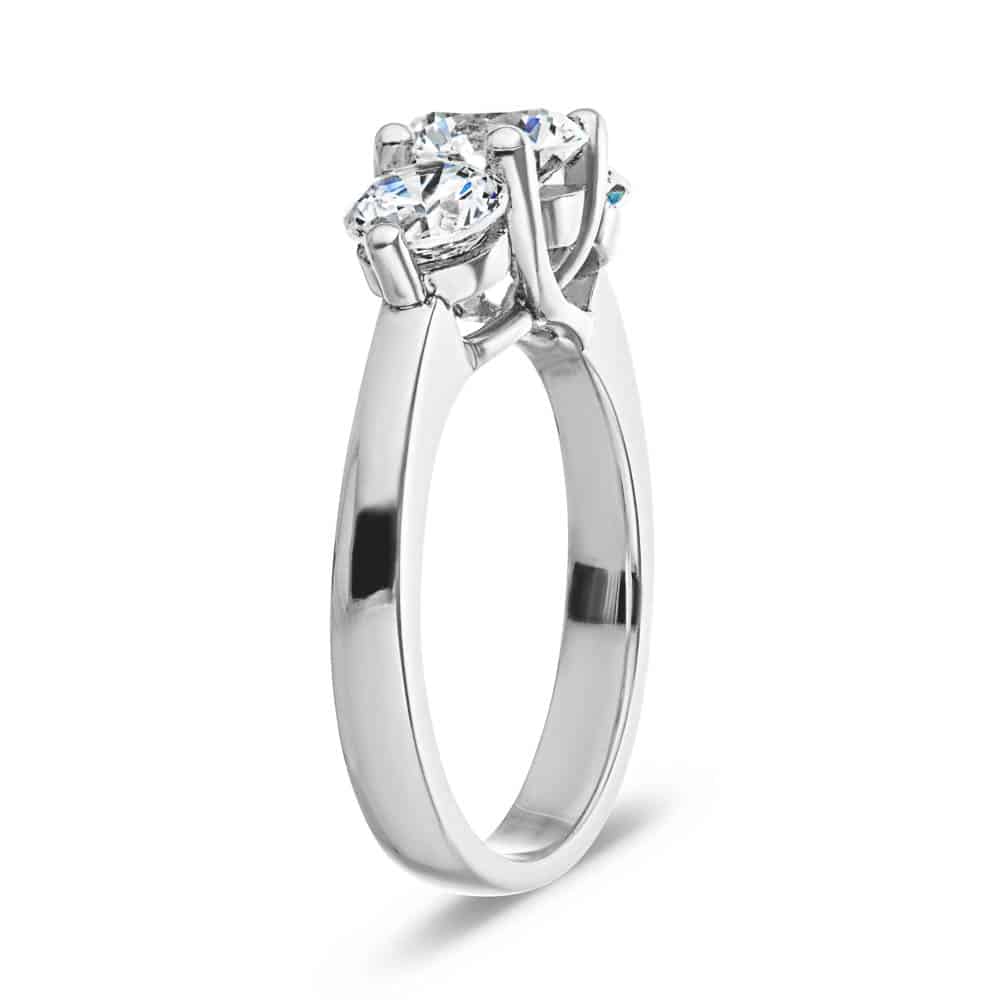 Shown with 3 Round Cut Lab Grown Diamonds in 14k White Gold|Beautiful three stone engagement ring with trellis set round cut lab grown diamonds in 14k white gold