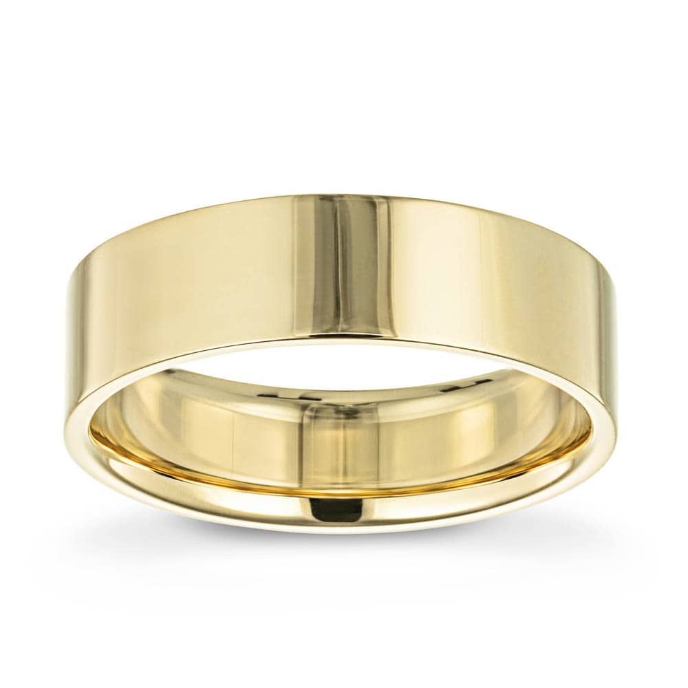 Shown in 6mm with High Polish Finish in 14k Yellow Gold|Ethical mens wedding band in 6mm 14k yellow gold with high polish finish