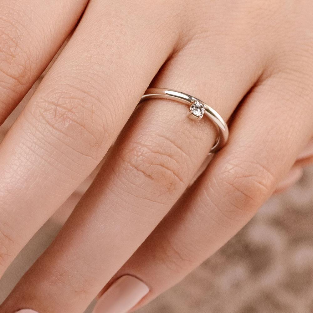 Shown with 0.10ct Lab Grown Diamond in 14k White Gold|Unique asymmetrical stackable ring with 0.10ct round cut lab grown diamond in 14k white gold