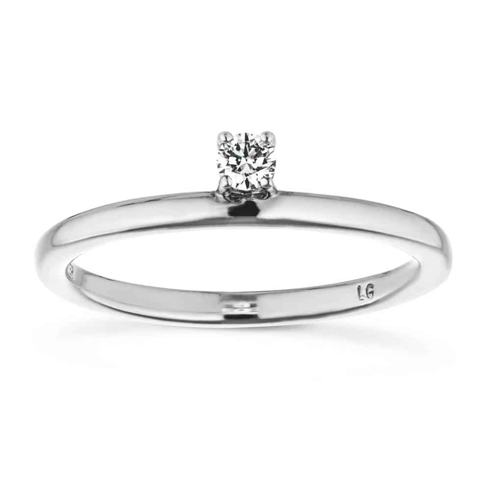Shown with 0.10ct Lab Grown Diamond in 14k White Gold|Unique asymmetrical stackable ring with 0.10ct round cut lab grown diamond in 14k white gold