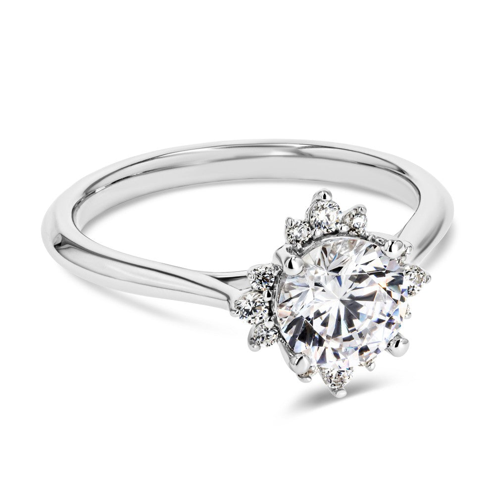 Shown here with a 1.0ct Round Cut Lab Grown Diamond center stone in 14K White Gold|diamond halo engagement ring with a round cut lab grown diamond center stone set in 14k white gold metal