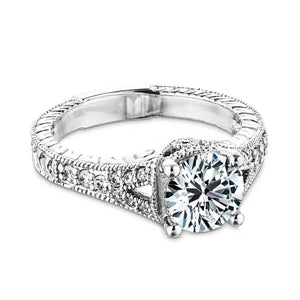 Antique style filigree engagement ring with 1ct round cut lab grown diamond set in recycled 14k white gold