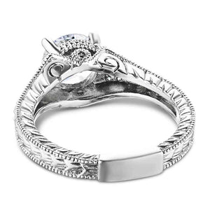 Antique style filigree engagement ring with 1ct round cut lab grown diamond set in recycled 14k white gold shown from back