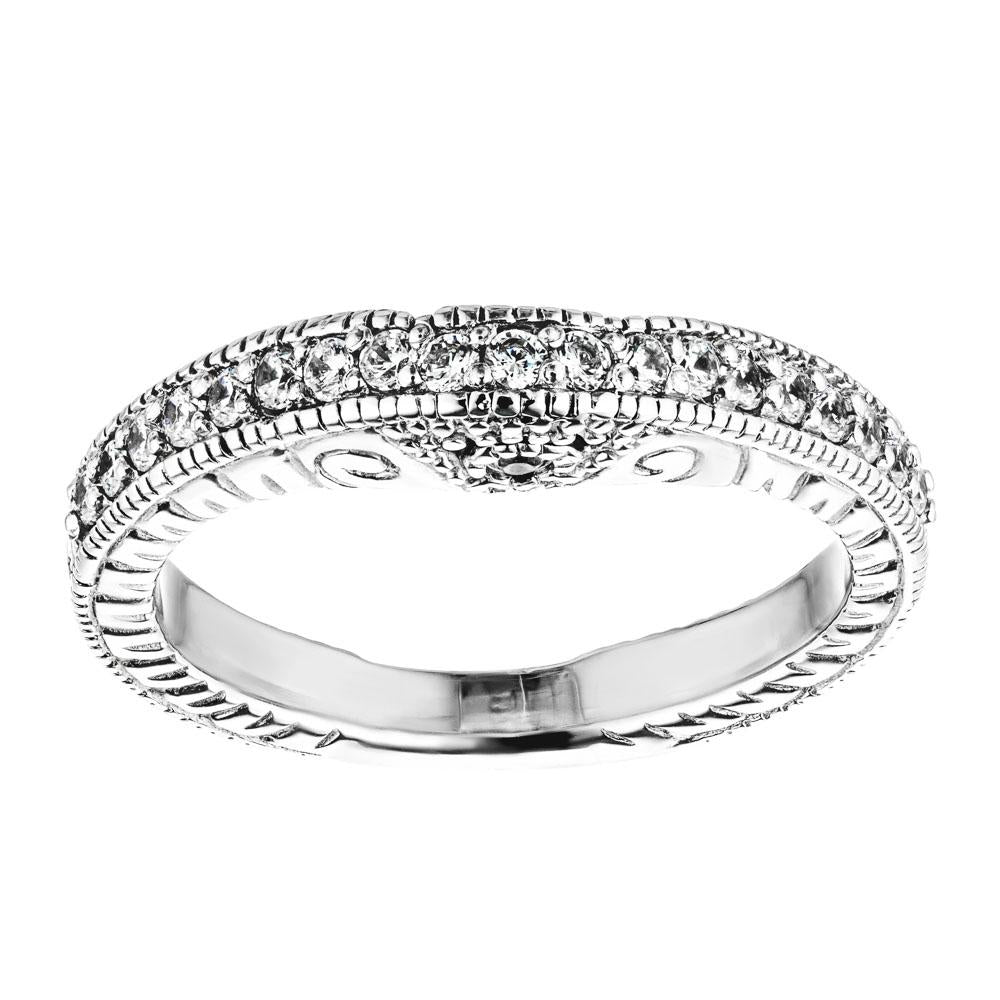 Shown in 14k White Gold|Antique style diamond accented wedding band with milgrain and filigree detailing in 14k white gold