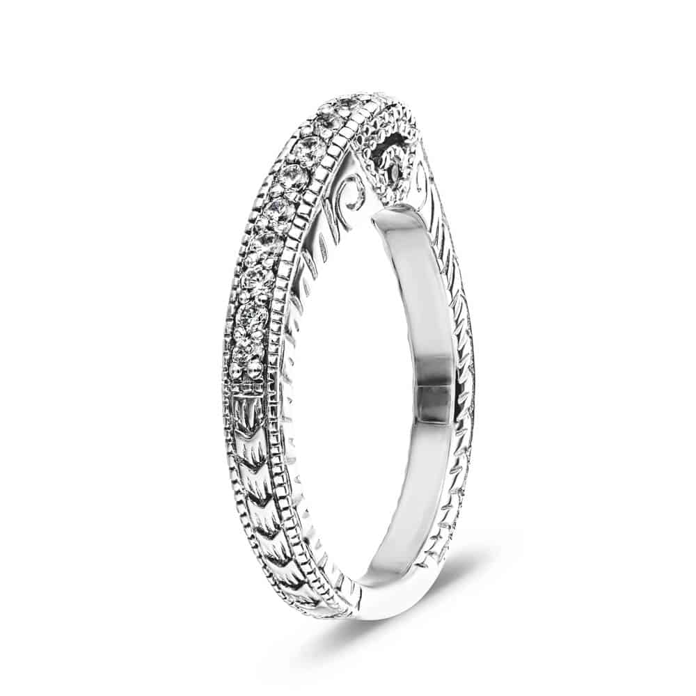 Shown in 14k White Gold|Antique style diamond accented wedding band with milgrain and filigree detailing in 14k white gold