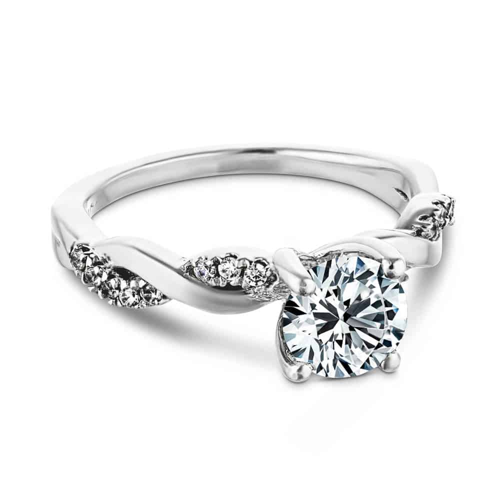 Shown with 1ct Round Cut Lab Grown Diamond in 14k White Gold|Nature inspired engagement ring with twisted diamond accented band featuring 1ct round cut lab grown diamond in 14k white gold