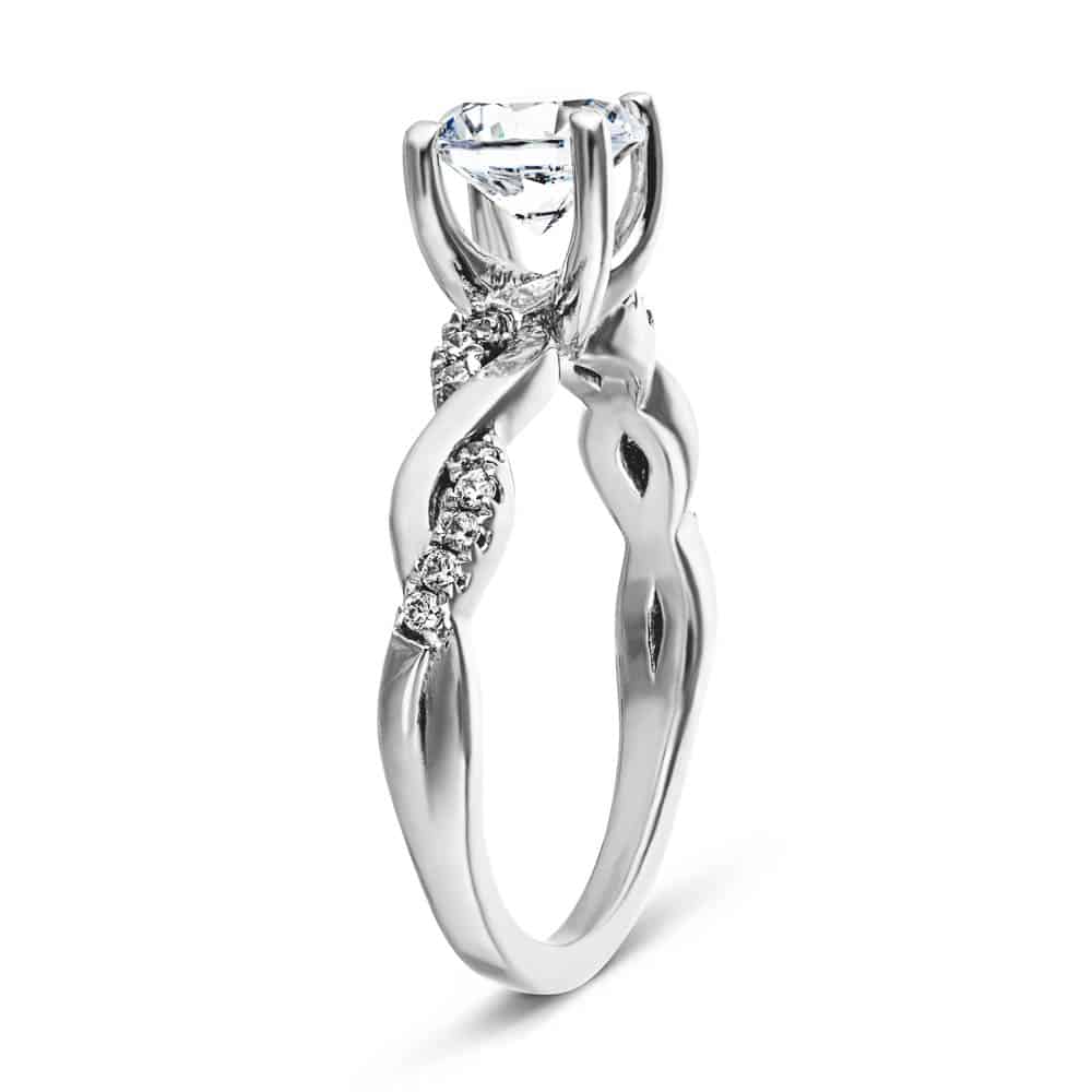 Shown with 1ct Round Cut Lab Grown Diamond in 14k White Gold|Nature inspired engagement ring with twisted diamond accented band featuring 1ct round cut lab grown diamond in 14k white gold