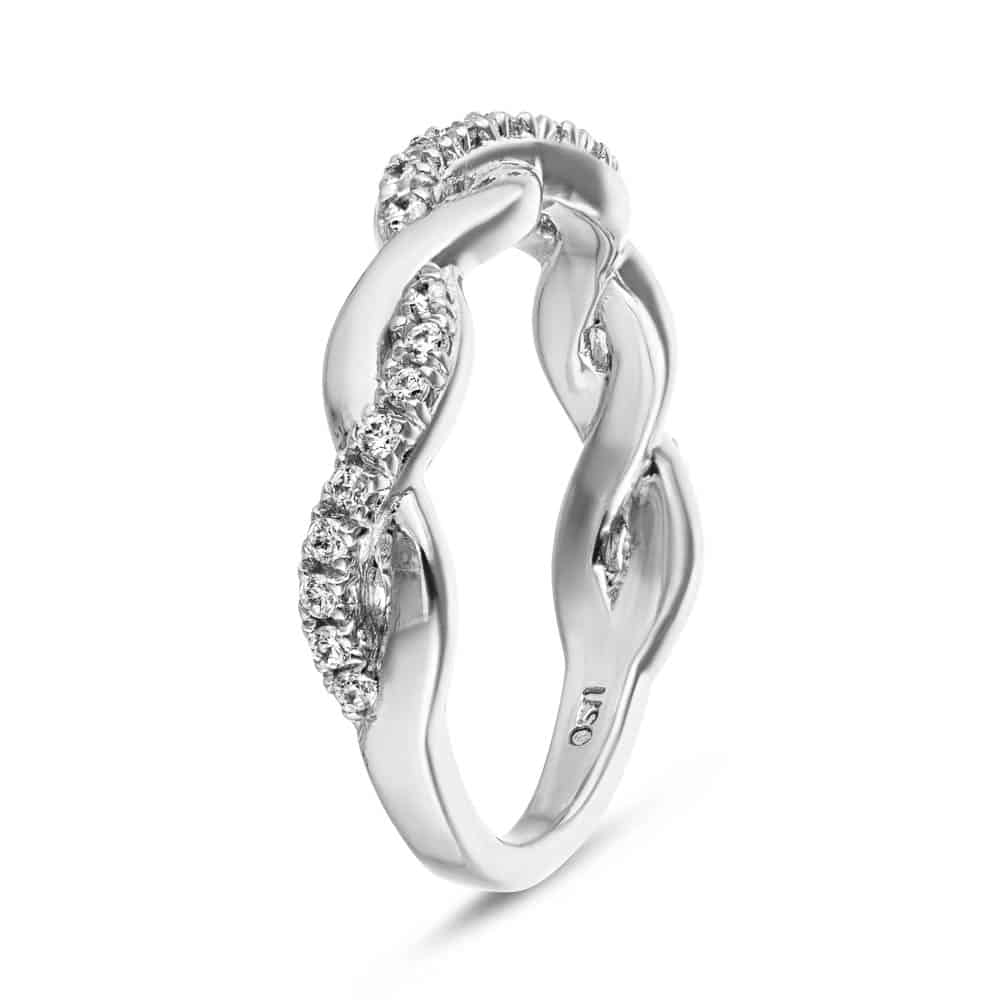 Shown in 14k White Gold|Diamond entwined twisting design wedding band in 14k white gold