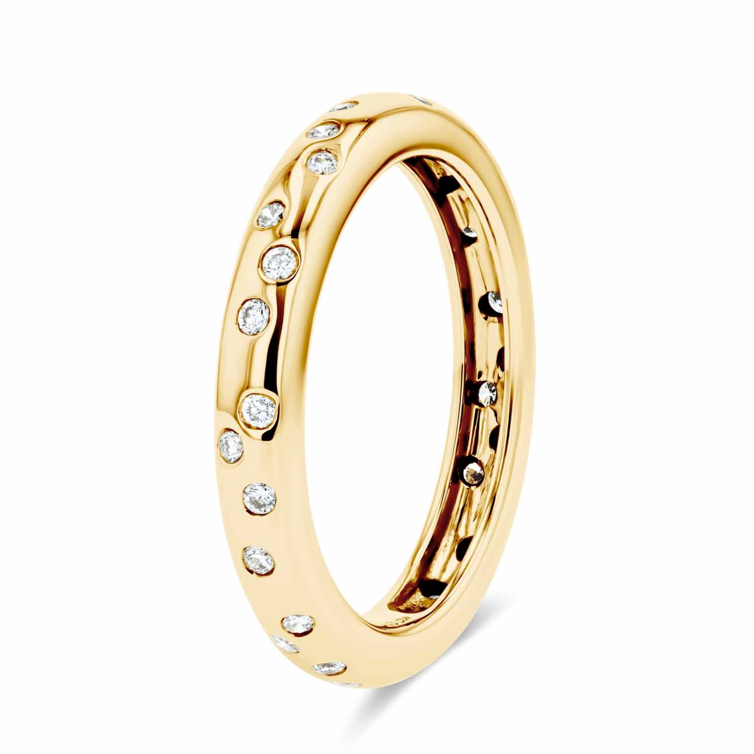 Shown in 14K Yellow Gold|scattered eternity lab grown diamond band in 14k yellow gold metal