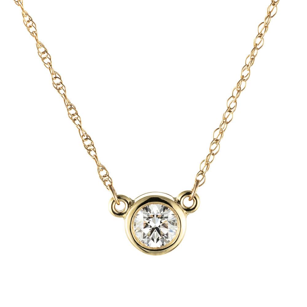 Bezel Pendant shown with a 1.0ct Round cut diamond in 14K yellow gold|Bezel Pendant with a 1.0ct Round cut lab diamond in 14K Yellow Gold