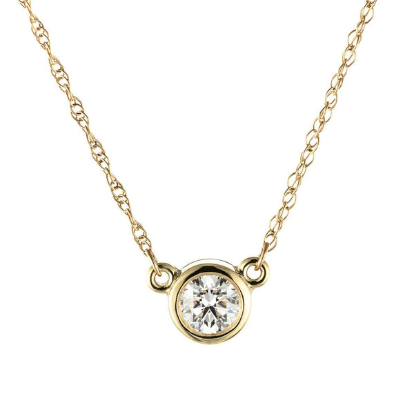Bezel Pendant shown with a 1.0ct Round cut diamond in 14K yellow gold|Bezel Pendant with a 1.0ct Round cut lab diamond in 14K Yellow Gold