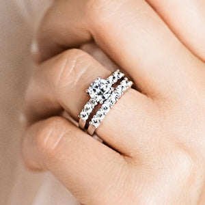 Diamond accented lab grown diamond wedding ring set worn on hand