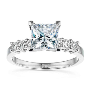 Accented engagement ring with round cut lab ground diamond accents and a 2ct princess cut lab grown diamond in 14k white gold