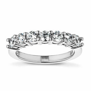 Beautiful diamond wedding band with seven basket set round cut recycled diamonds in 14k white gold