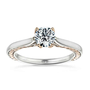 Unique two tone solitaire engagement ring with inlay braided rope design set with 1ct round cut lab grown diamond in 14k white gold and rose gold