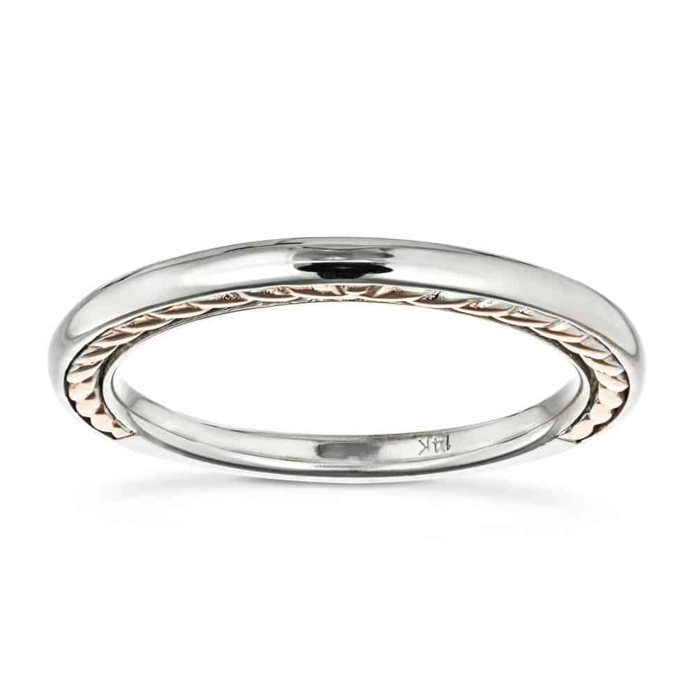 Shown in 14k White & Rose Gold|Unique ethical wedding band with a braided rope design inlay in two tone 14k white gold and rose gold