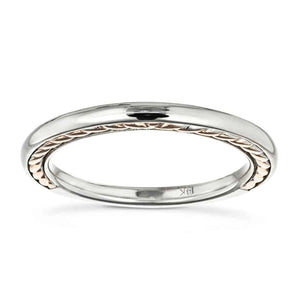Unique ethical wedding band with a braided rope design inlay in two tone 14k white gold and rose gold