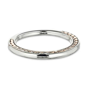 Beautiful ethical wedding band with a braided rope design inlay in two tone 14k white gold and rose gold