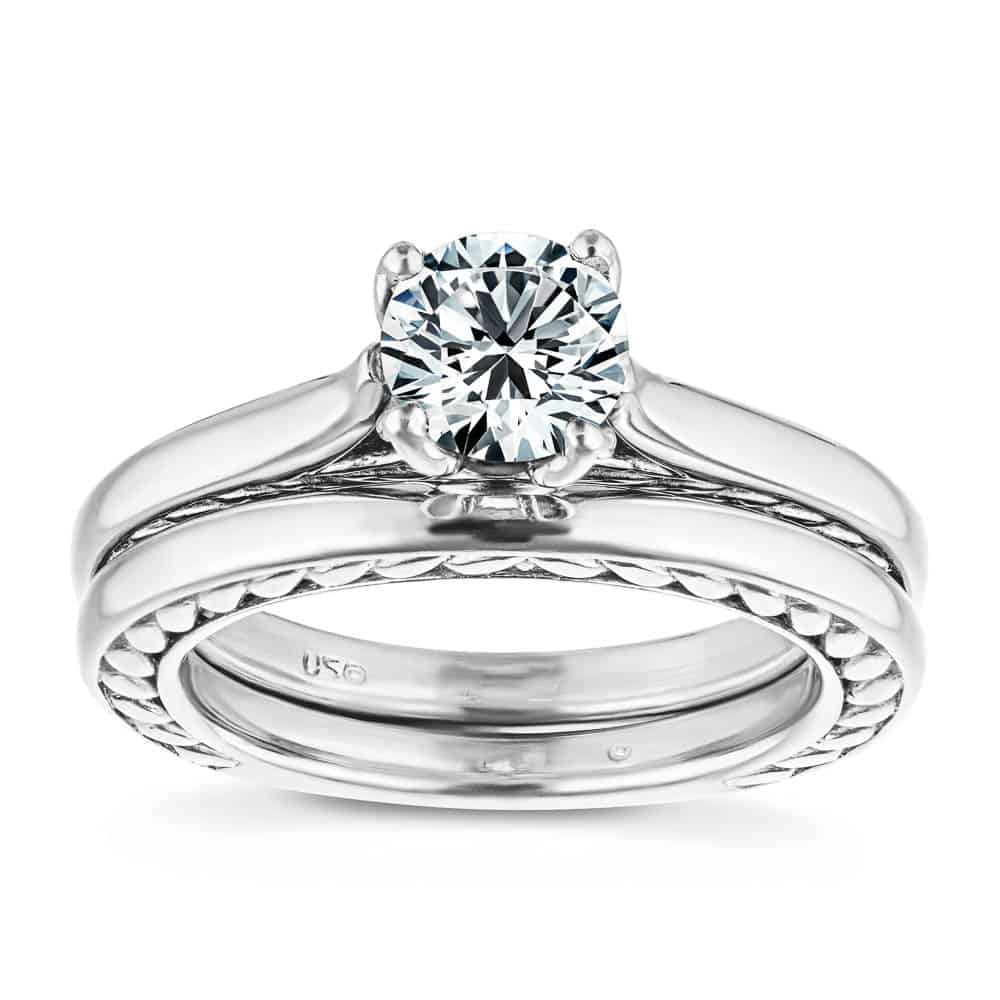 Matching set shown with a 1.0ct Round cut Lab-Grown Diamond in recycled 14K white gold 