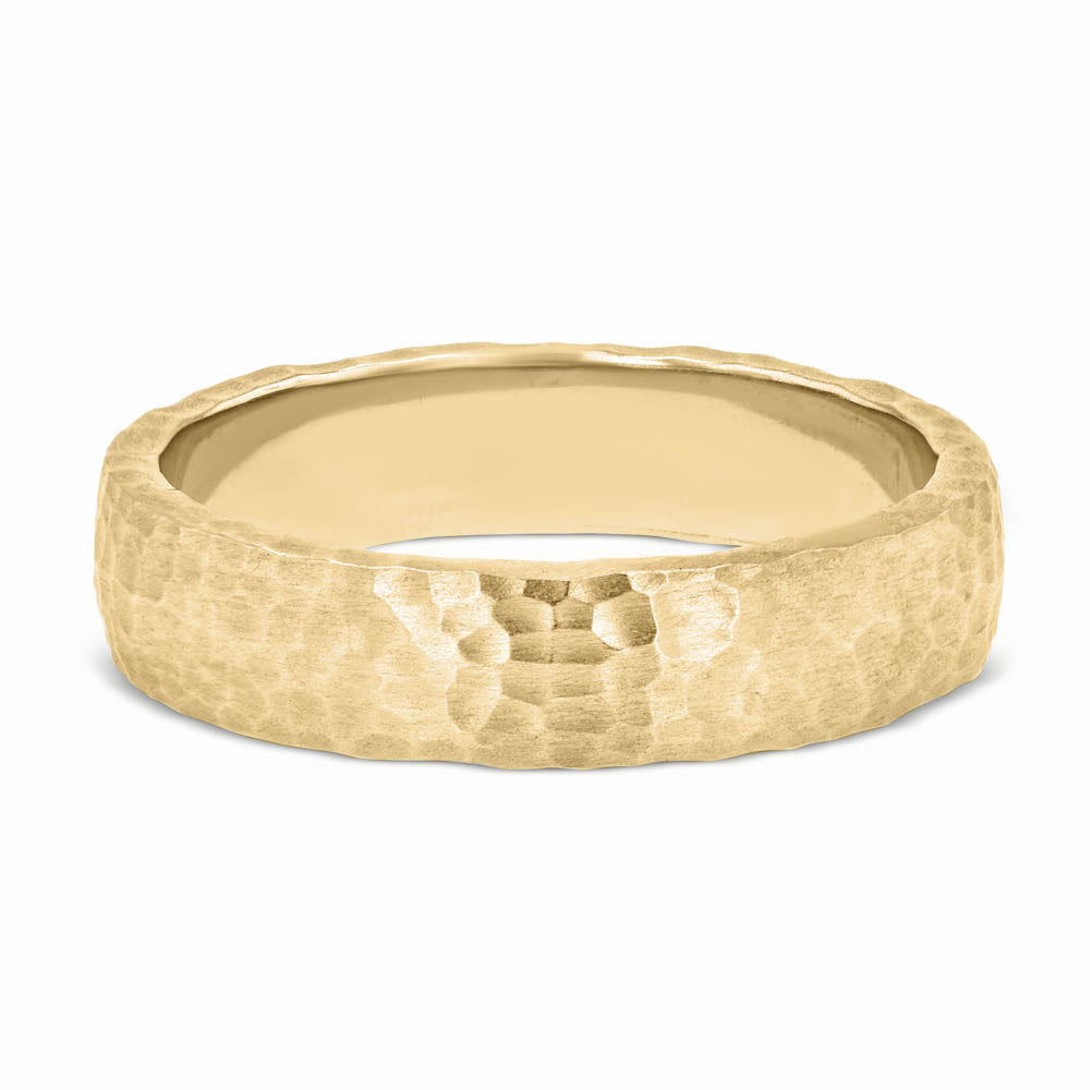 Shown in 14K Yellow Gold with a Satin Hammer Finish|plain metal band with satin hammer finish in 14k yellow gold