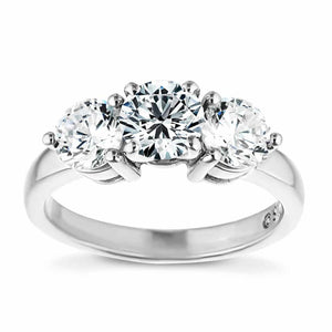 Three stone engagement with round cut lab grown diamonds in 14k white gold