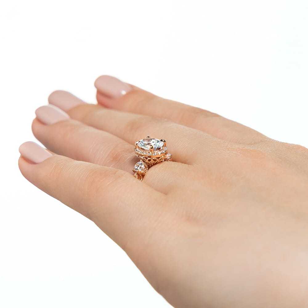 Shown with 1.5ct Oval Cut Lab Grown Diamond in 14k Rose Gold
