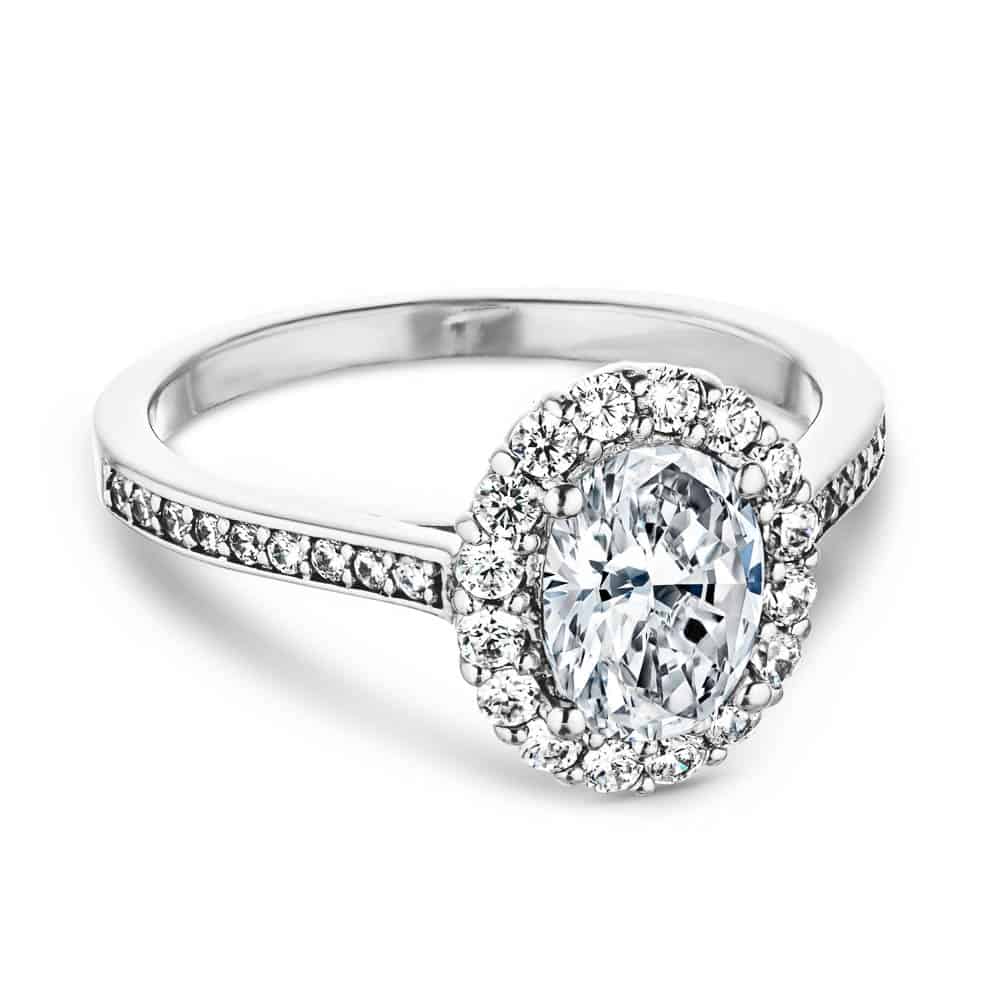 Shown with 1ct Oval Cut Lab Grown Diamond in 14k White Gold|Diamond accented halo engagement ring with 1ct oval cut lab created diamond in 14k white gold setting