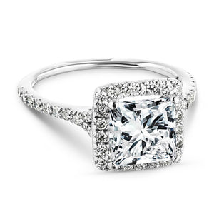 Antique style diamond accented halo engagement ring with 2ct princess cut lab grown diamond in 14k white gold