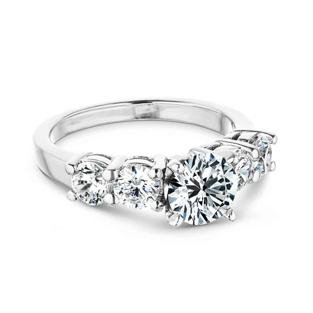 Shown with a 1ct Round Cut Lab Grown Diamond Center Stone amid four 0.25ct Diamond Hybrids in 14k White Gold