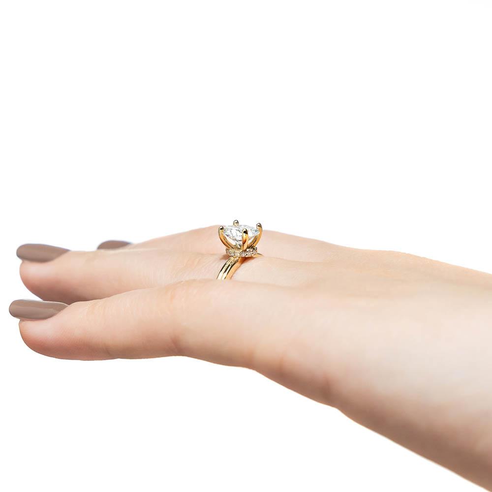 Shown with 1.5ct Oval Cut Lab Grown Diamond in 14k Yellow Gold