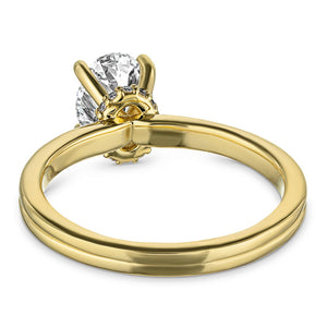 Hidden halo engagement ring with 1.5ct oval cut lab grown diamond in 14k yellow gold shown from back