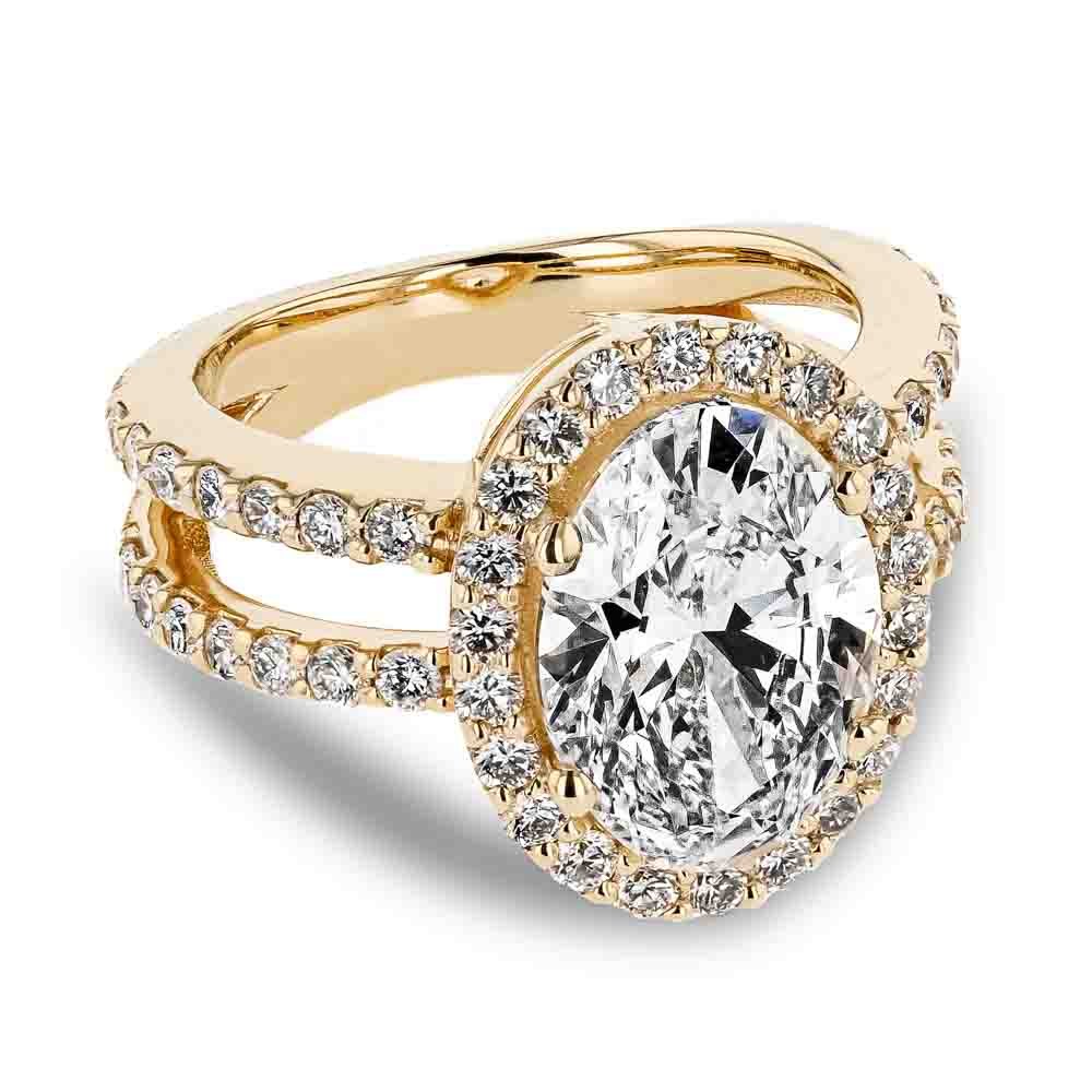 Shown with 2.89ct Oval Cut Lab Grown Diamond set in 18k Yellow Gold
