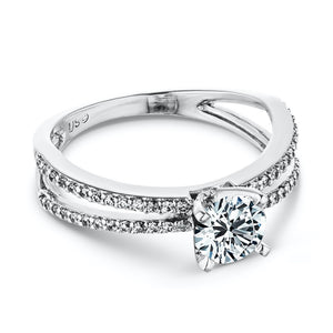 Beautiful diamond accented split shank engagement ring with 1ct round cut lab grown diamond set in 14k white gold