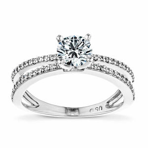 Stunning diamond accented split shank engagement ring with 1ct round cut lab grown diamond set in 14k white gold