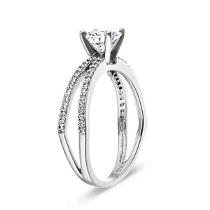 Diamond accented split shank engagement ring with 1ct round cut lab grown diamond set in 14k white gold shown from side