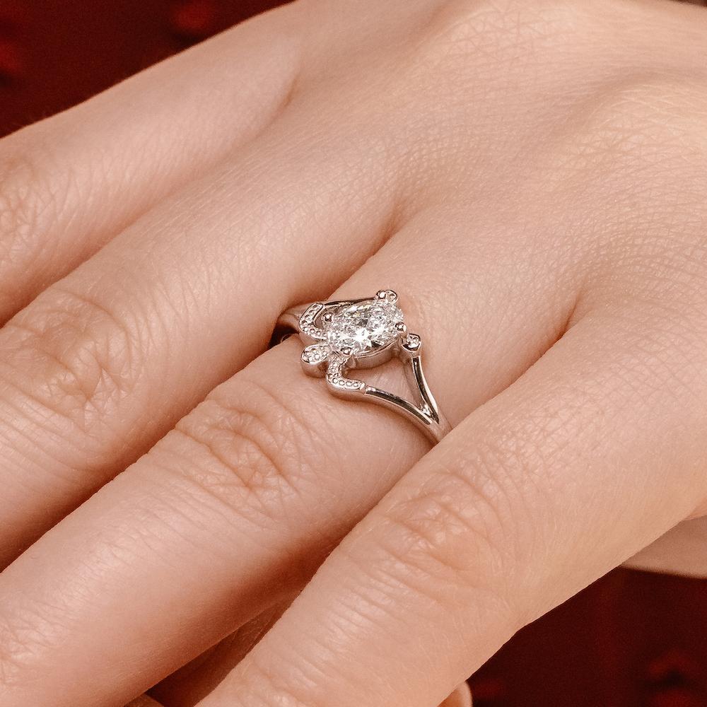 Shown with 1ct Oval Cut Lab Grown Diamond in 14k White Gold|Cute sea turtle engagement ring with 1ct oval cut lab grown diamond in 14k white gold