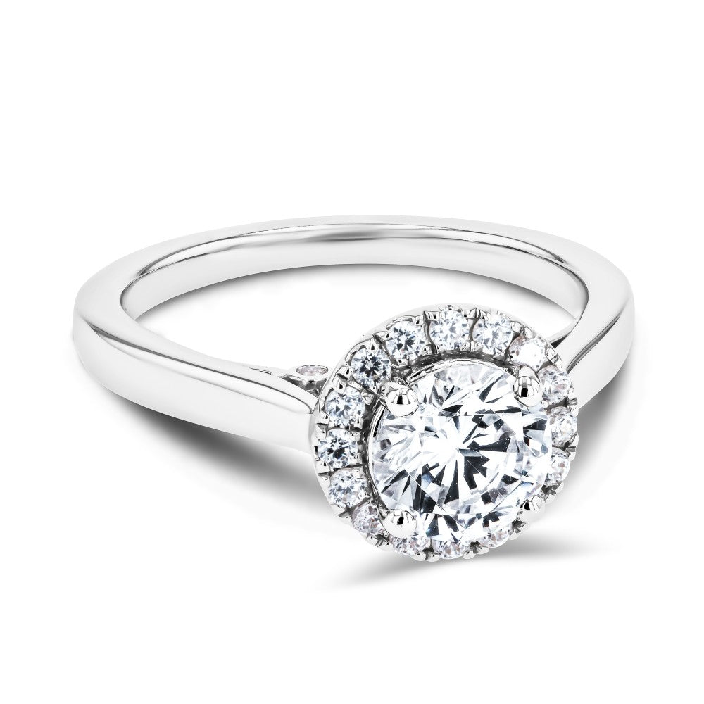 Shown here with a 1.0ct Round Cut Center Stone in 14K White Gold