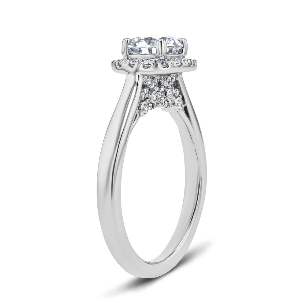 Shown here with a 1.0ct Round Cut Center Stone in 14K White Gold